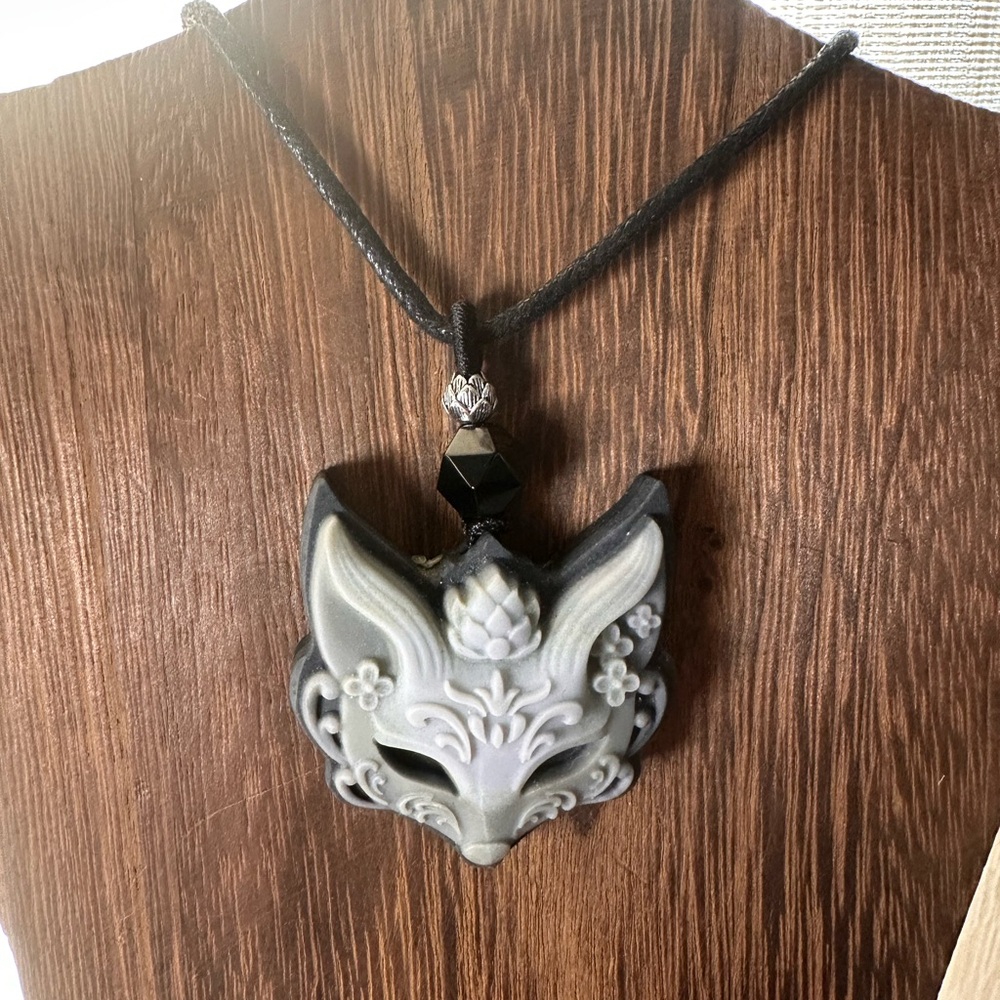 Tai Chi Stone Fox Mask Pendant Necklace, Sterling Silver Lotus, Onyx on Rope